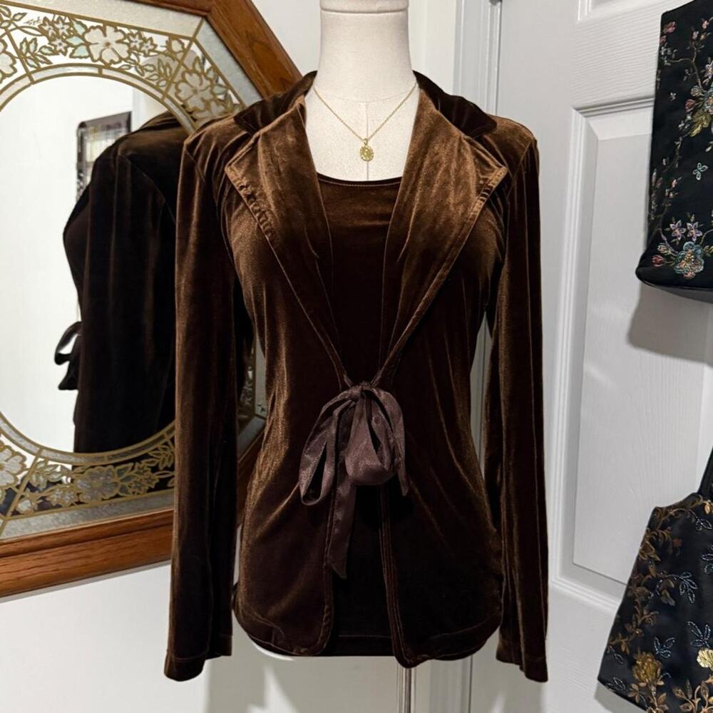 VTG Y2K Kim Rogers Dark Brown Velvet Velour Long Sleeve Collared Tie Front Top M